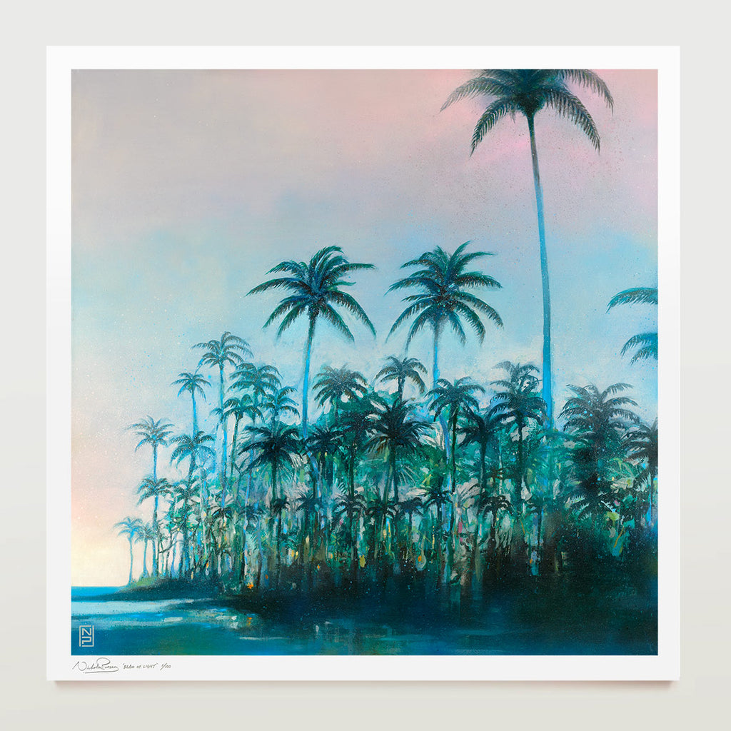 Palms fine art print by Nick Purser, showing overlapping green and blue palm trees beneath a soft pink and blue dawn sky, with a signed white border.