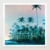 Palms fine art print by Nick Purser, showing overlapping green and blue palm trees beneath a soft pink and blue dawn sky, with a signed white border.