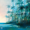 Detail of Palms by Nick Purser, showing layered blue-green palm trees beside the shoreline and the artist’s monogram.
