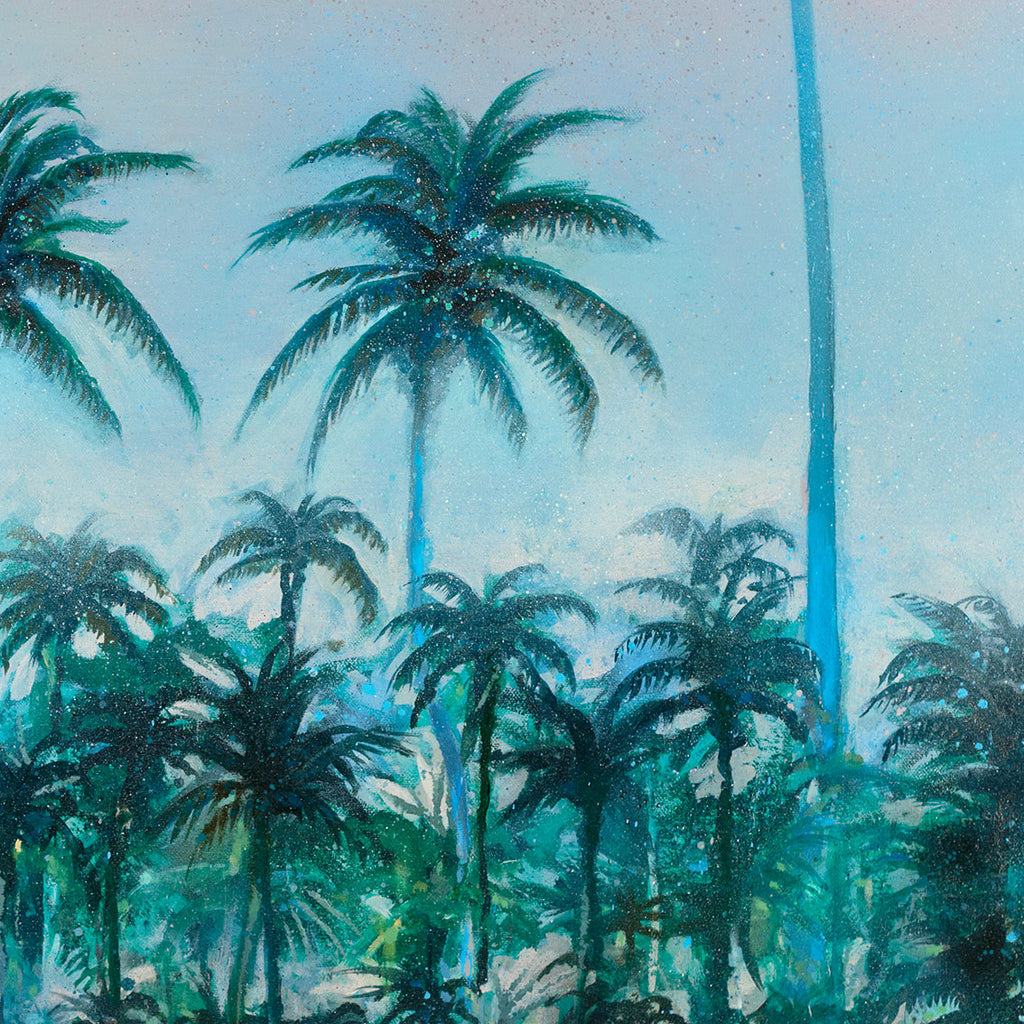 Close-up of overlapping palm trunks and fronds in turquoise, green and deep blue in Palms by Nick Purser.