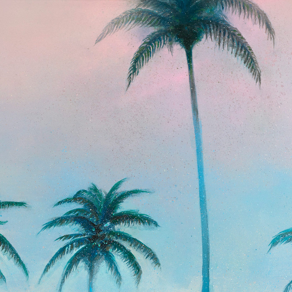 Detail of Palms by Nick Purser, showing a tall palm tree against a soft pink and blue dawn sky.