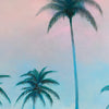 Detail of Palms by Nick Purser, showing a tall palm tree against a soft pink and blue dawn sky.